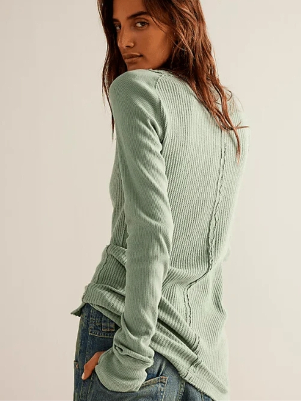 Free People We The Free Honey B Crew Neck Long Sleeve Top ~ XS  ~ Iceberg Green - Picture 2 of 3